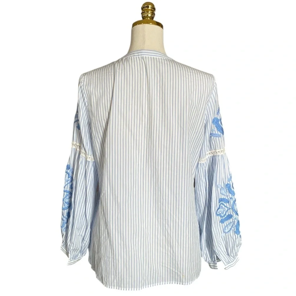 J. MCLAUGHLIN Embroidered Striped Cotton Linen Ballon Sleeve Boho Blouse Size S - Picture 4 of 8
